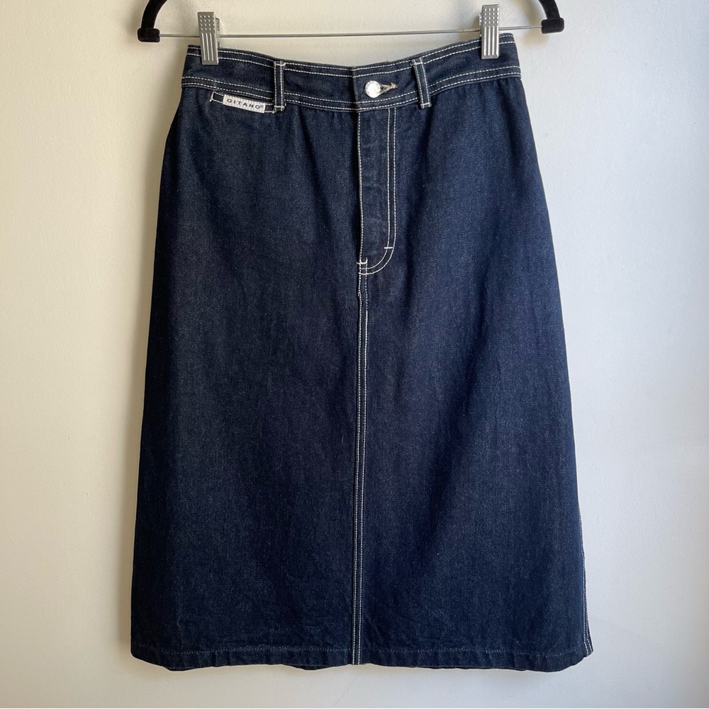 NWOT Vintage 90s Gitano Denim Skirt Knee Length Embroidered Dark  26" 9 / 10